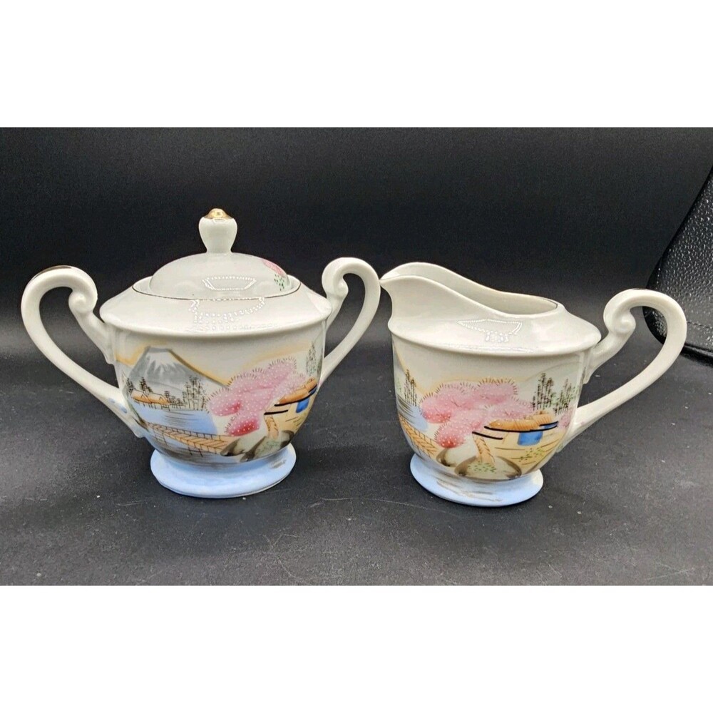 Kutani? Creamer and Sugar Bowl Set Mountains Cherry Blossoms Gold Trim
